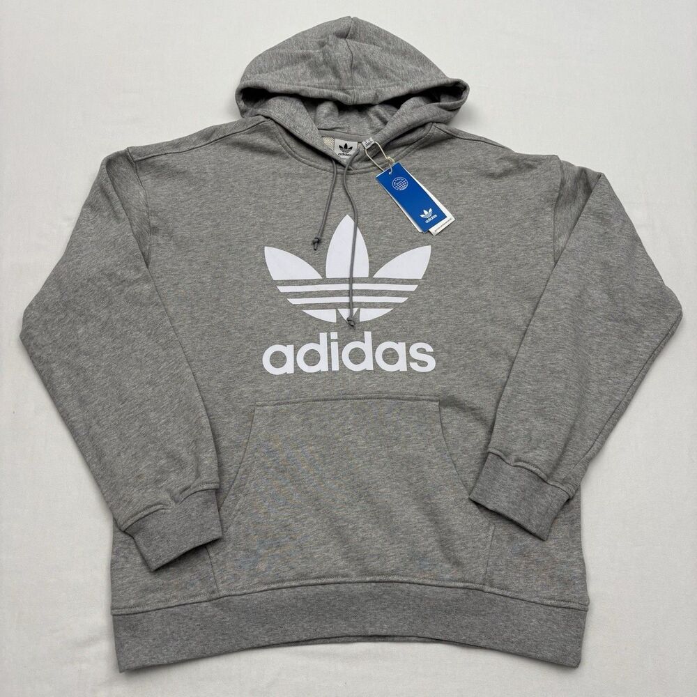 NEW Adidas Women's Sweatshirt TRF Hooded Trefoil Logo Drawstring Gray Medium NWT